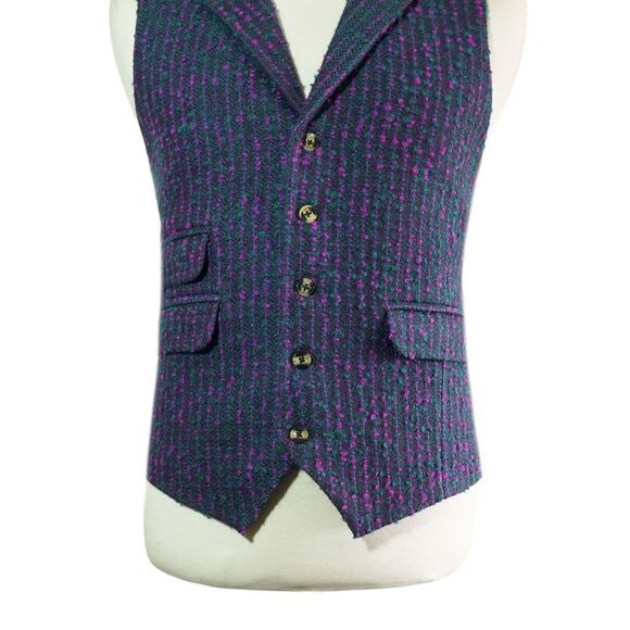 Mens 46R Tweed Wool Waistcoat Teal Purple Speckled Herringbone Vest Formal Party - Picture 4 of 8